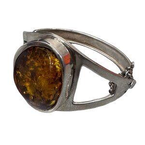Large Amber Art Deco MCM Sterling Cuff Bangle Bracelet Statement Chain Clasp